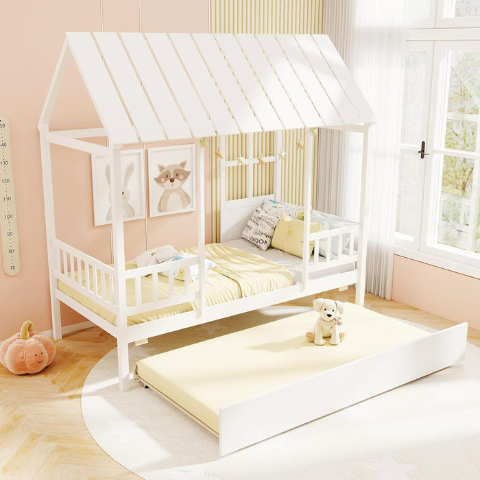 Twin House Bed with Trundle Bed Twin, Wooden Montessori Bed Frame with Roof & Safety Guardrail for Kids, Teens, Boys or Girls, No Box Spring Needed (White)