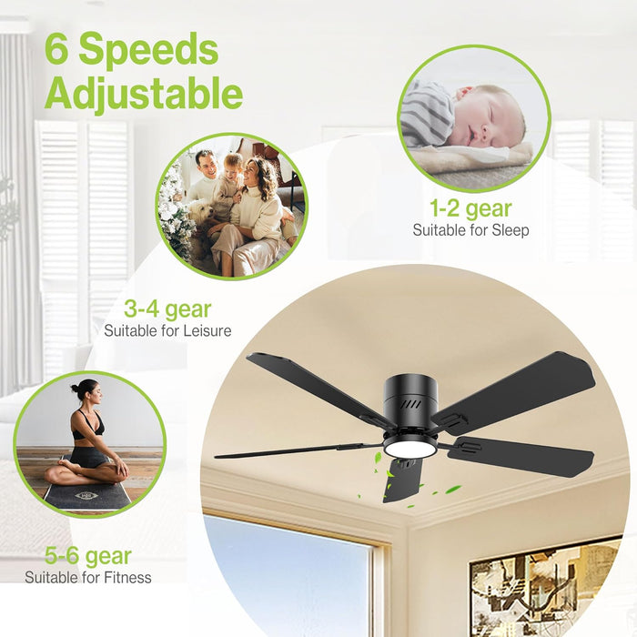 52 Inch 5 Blades Black Ceiling Fans with Lights,Flush Mount,6Cct, Low Profile Ceiling Fan with Light and Remote Control,Dc Motor,Ceiling Fan for Bedroom, Kitchen,Living Room,Indoor/Outdoor Use