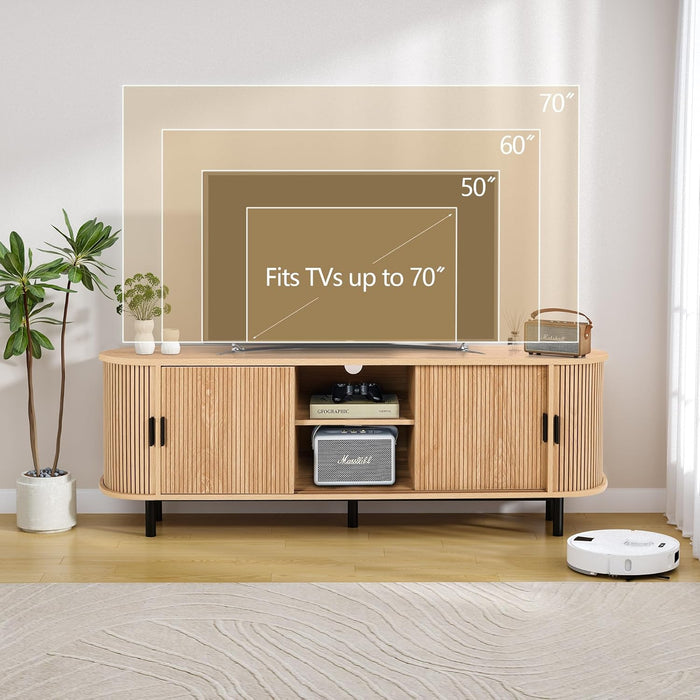 63" Fluted TV Stand for 65/70 Inch TV, Mid Century Modern TV Console with Sliding Doors, Curved Gaming Entertainment Center, Media Console for Living Room, Bedroom (Natural, 63Inch-4Doors)