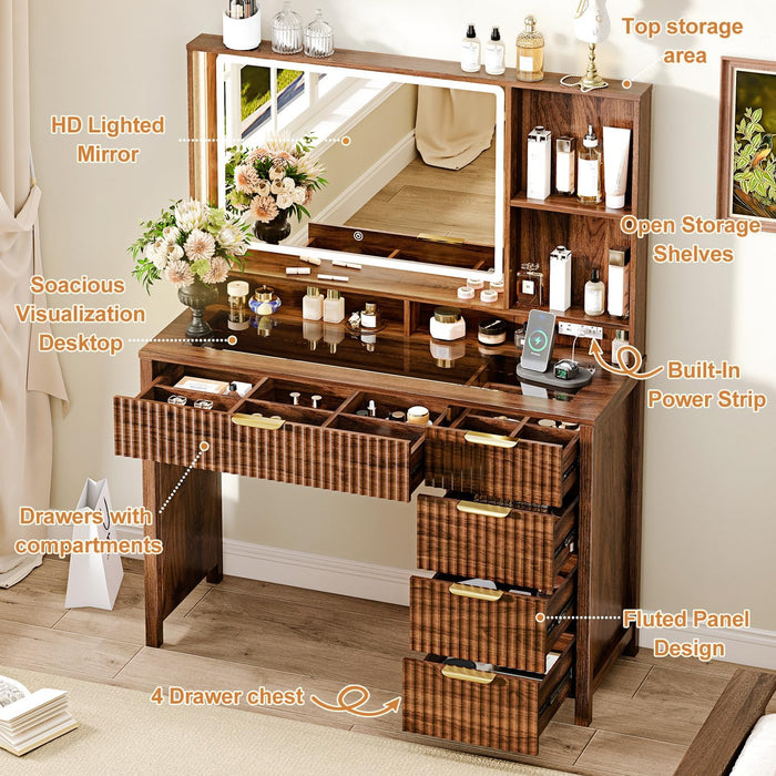 43.3'' Vanity Desk with Mirror and Lights, with Glass Tabletop, with 5 Drawers & Shelves,Makeup Vanity Set for Bedroom, Walnut1