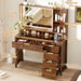 43.3'' Vanity Desk with Mirror and Lights, with Glass Tabletop, with 5 Drawers & Shelves,Makeup Vanity Set for Bedroom, Walnut1