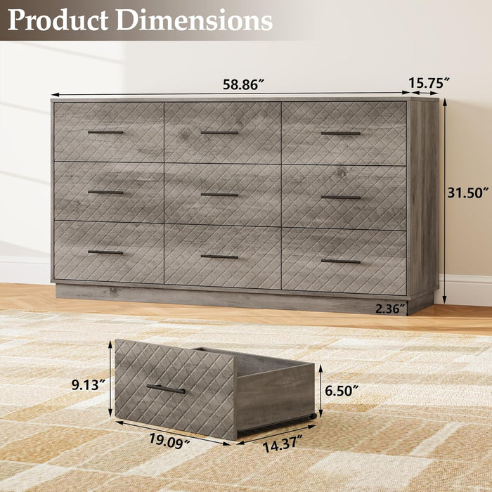 9 Drawers Dresser for Bedroom, 58” Wide Modern Chest of Drawers with Diamond Panel, Anti-Tipping Device, Wood Stable Storage Organizer for Bedroom, Nursery, Living Room