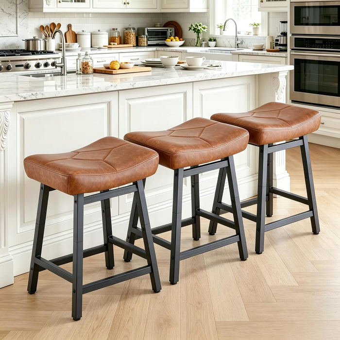 Counter Height Bar Stools Set of 3, 24 Inch Barstools for Kitchen Island | Heavy Duty Metal Base with 4 Inch High-Density Foam Faux Leather Saddle Seats, Kichen Home Bar Dining Room, Brown