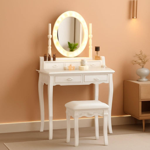 Makeup Vanity Table with 10 LED Lights, Adjustable Brightness, 3 Color Light Modes, 4 Drawers, Rotatable Mirror, Cushioned Stool, Vanity Desk Dressing Table Bedroom Furniture (White)
