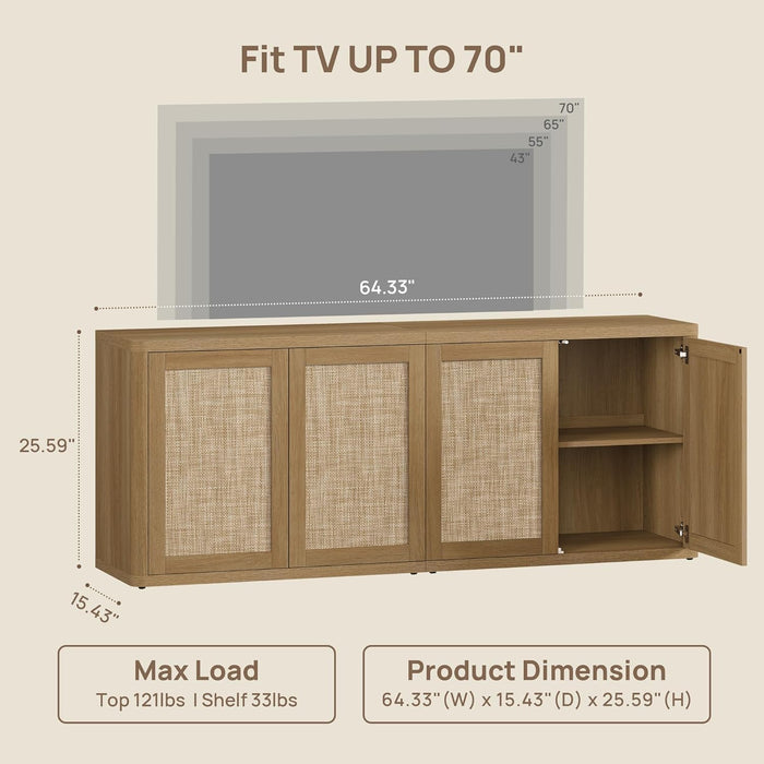 Rattan TV Stand for 65 70 Inch TV - Large Entertainment Center TV Consoles for Living Room Bedroom, Farmhouse Television Stands with Storage Cabinet Boho Modular Media Console, Amber Oak