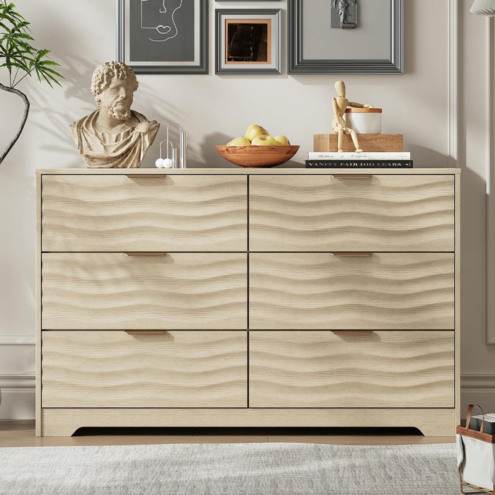 48" Wide 6 Drawers Dresser for Bedroom, Coastline Fluted Modern Dresser Drawer with Metal Handle, Storage Chest of TV Stand Organizers Wooden for Living Room, Hallway, Closet, Walnut Wood