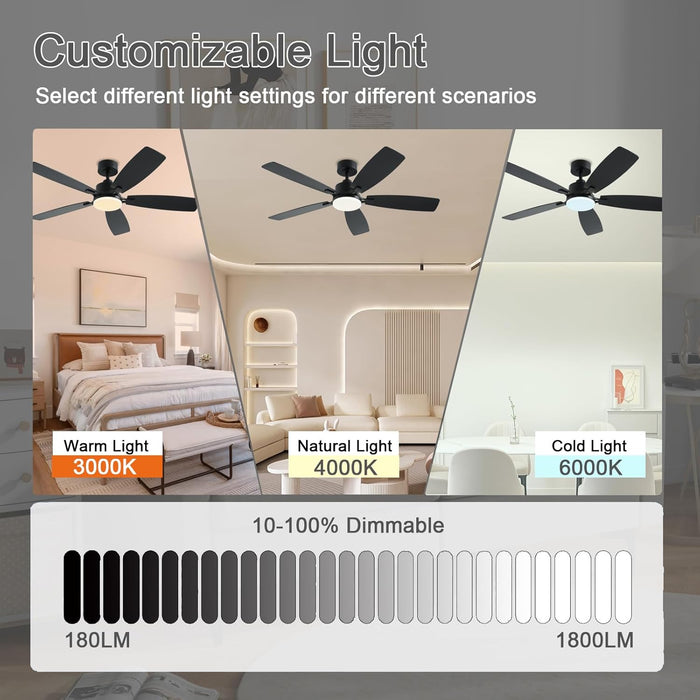52 Inch Ceiling Fans with Lights, Black Ceiling Fan and Remote/App Control, 2 Downrods, DC Reversible, Noiseless, Dimmable, 5 Dual-Sided Blades Modern Ceiling Fan for Indoor/Outdoor Use