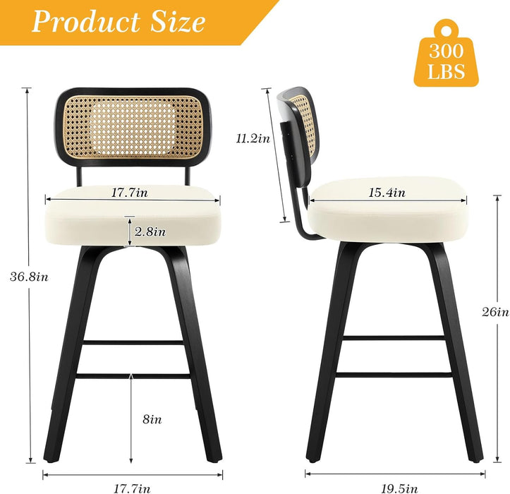 Swivel Counter Height Bar Stools Set of 4, Upholstered Faux Leather Barstools with Rattan Back, 26" Seat Height Bar Chairs Island Stools for Kitchen Counter, Black Wood Frame, Cream White