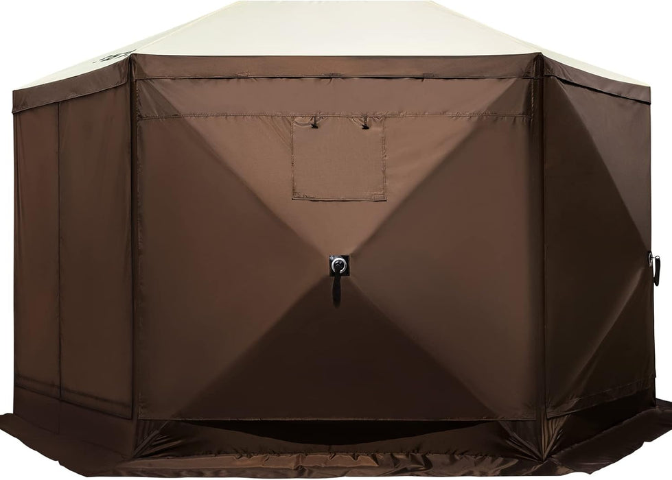 12 * 12Ft 6 Sided Pop-Up Canopy Shelter Tent with Mesh Windows, Portable Carry Bag, Stakes, Large Shade Tents for Outdoor Camping, Lawn and Backyard, Brown/Beige
