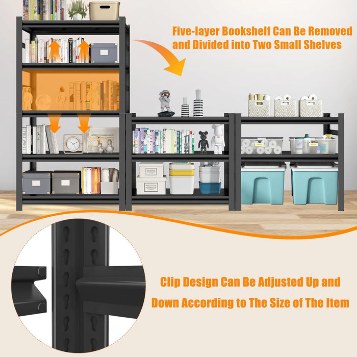 Book Shelf, Screwless Installation Metal Bookshelves, Heavy Duty Steel Bookcases, Adjustable Tall Industrial Bookshelf for Living Room, Bedroom and Library, Black (5-Tier with Fence 72''Hx36''Wx16''D)