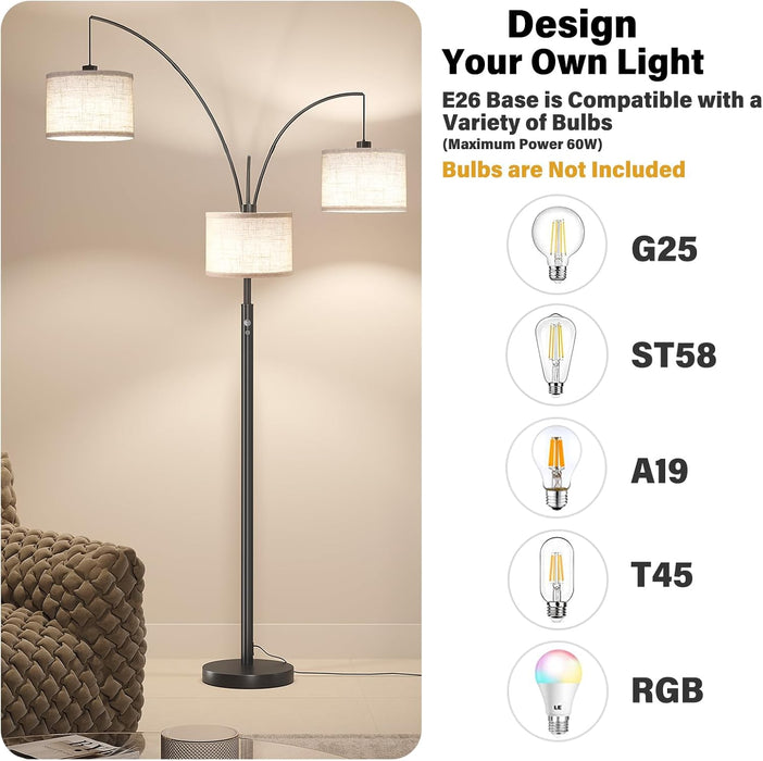 3 Lights Floor Lamp for Living Room, 78" Tall Standing Lamp with Hanging Drum Shade, Modern Arc Floor Lamps with Heavy Base, Mid Century Arched Tree Floor Lamp for Bedroom, Office, Corner