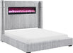 Corduroy Upholstered Bed Frame, Remote Fireplace, Built-In Speaker, Wingback Queen Bed Frame with Headboard, Wooden Slats, Box Spring Needed, Assembly Required, Two-Tone Gray