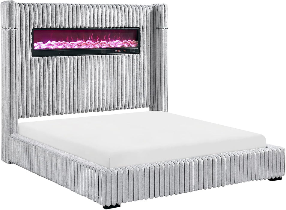 Corduroy Upholstered Bed Frame, Remote Fireplace, Built-In Speaker, Wingback Queen Bed Frame with Headboard, Wooden Slats, Box Spring Needed, Assembly Required, Two-Tone Gray