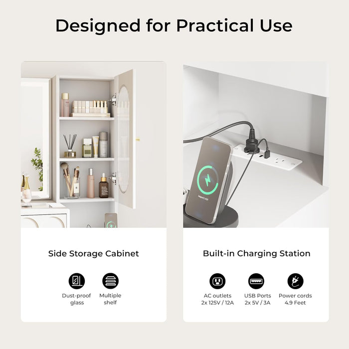 Vanity Desk with Mirror and Lights, 48'' Makeup Vanity with Arch Groove, Fluted Modern Vanity with Glass Top & Storage Cabinet, 3 Lighting Modes Adjustable Brightness for Bedroom, White