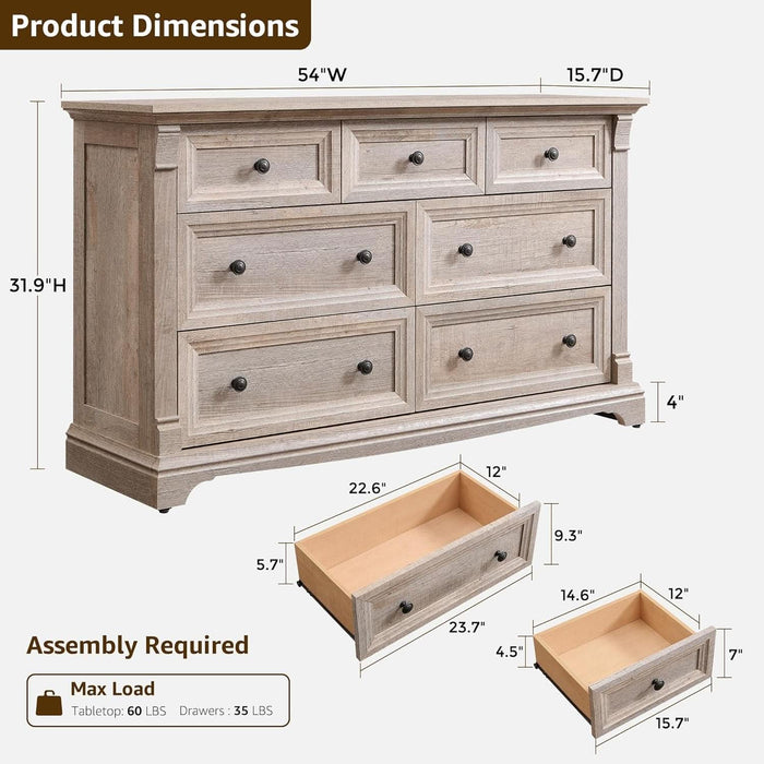 Farmhouse 7 Drawers Dresser for Bedroom, 54" Wide Wood Rustic Chest of Drawers W/Roman Column, Wooden Storage Dressers Organizer for Bedroom, Living Room, Light Rustic Oak