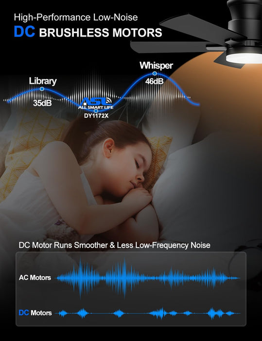 Flush Mount Ceiling Fans with Lights 42 Inch, Remote Control, 3CCT Dimmable, 6 Speeds, Noiseless Reversible DC Motor, Low Profile Hugger Black Ceiling Fan for Living Room, Patio, Indoor/Outdoor, ETL