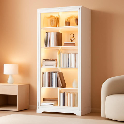 Display Cabinet with Glass Doors, 65" Tall Bookcase with LED Lights/Human Body Sensor, Display Case for Collectibles with Storage, Bedroom, Home Office, Living Room, White