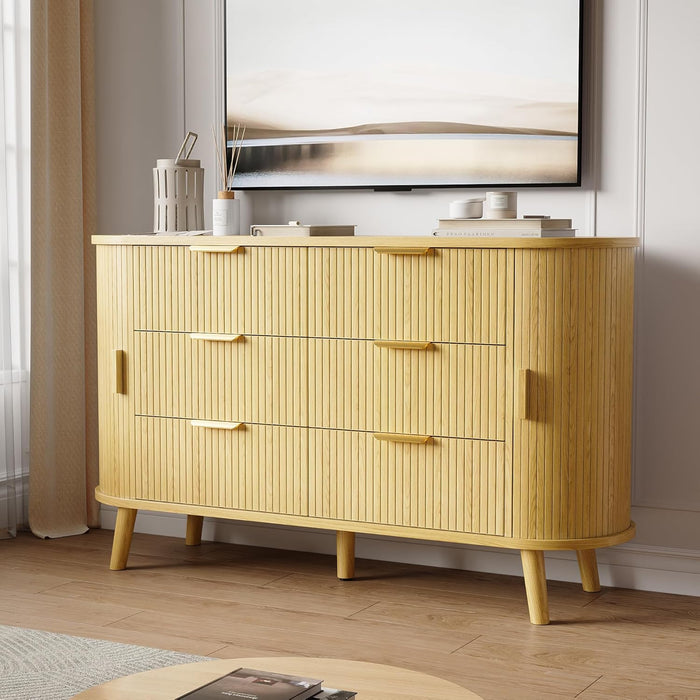 6 Drawers Dresser with 4 Storage Compartments, 55'' Modern Chest of Drawers with Sliding Door & Metal Handles, Curved Profile & Sturdy Legs, Wooden TV Stand for Bedroom, Living Room (Natural Oak)