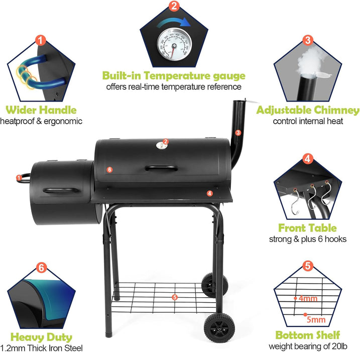 Outdoor Charcoal Grill with Cover, Large Barrel BBQ Grill with Offset Smoker, Great for Camping Patio Backyard Garden Party Picnic Beach, Large 420.SQ.IN Cooking Area, 2 Screwdrivers - Black