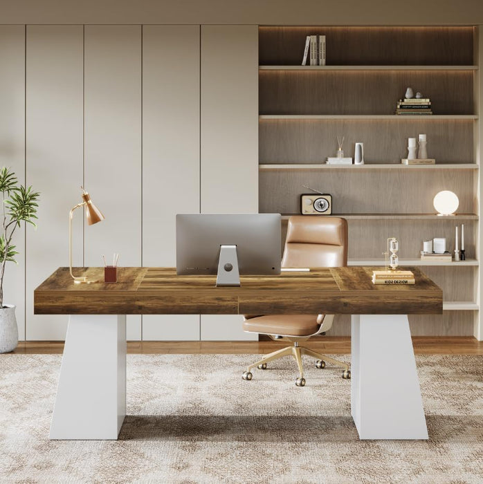 55-Inch Executive Desk, Large Wood Office Computer Desk with Double Pedestal, Modern Minimalist Workstations Writing Table Conference Table Furniture for Home Office, Brown&White