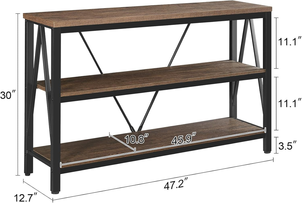 Entryway Console Table, Rustic Console Table with Wide Storage, Industrial Foyer for Entryway with 3-Tier Open Shelves, Entry Tables for Living Room, Hallway, Brown, 47 Inch