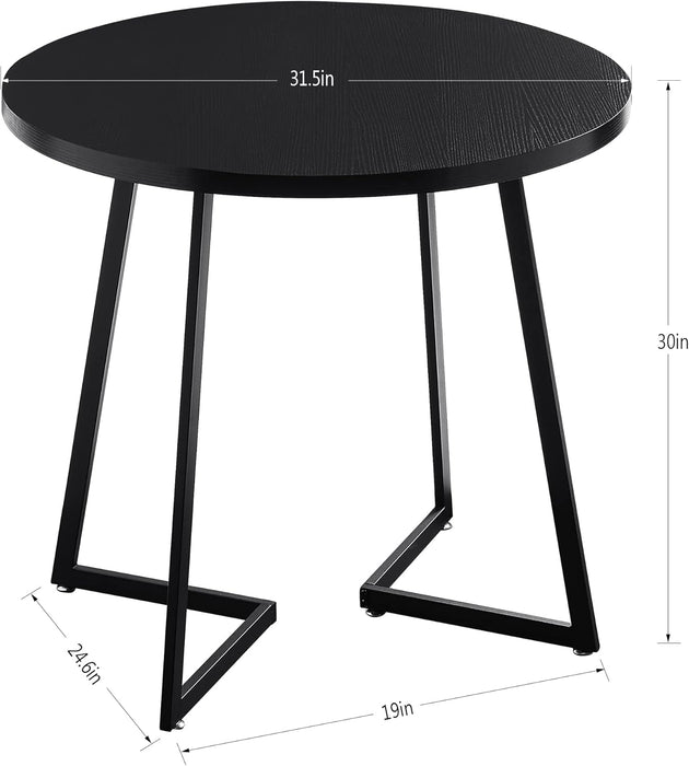 round Dining Room Table with Wood Grain Tabletop and Steel Frame, for Kitchen, Living Room, Office, Conference, 2 to 4 Person, Black