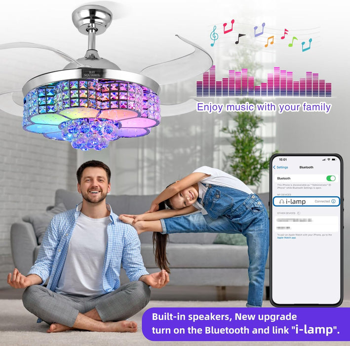 Retractable Ceiling Fan with Light and Remote/App Control, Bluetooth Ceiling Fans with Speaker, RGB-LED Light 6 Speeds Reversible Blades,Chandelier Crystal Ceiling Fan with Lights