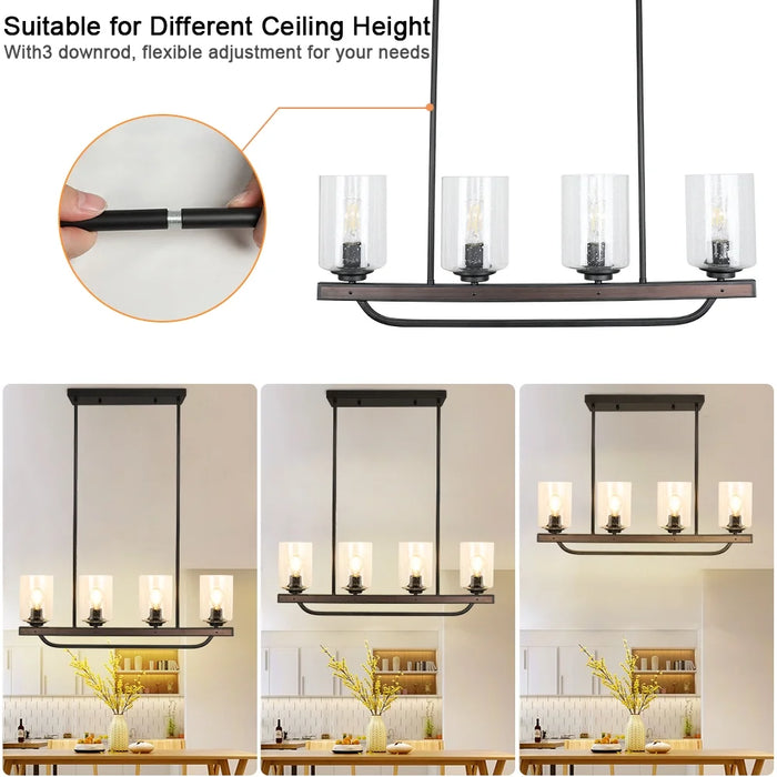 4 Light Glass Pendant Light Rustic Track Ceiling Light Metal Wood Chandelier Lighting Fixture Hanging for Living Room Kichen Dining Restaurant, E26 Base