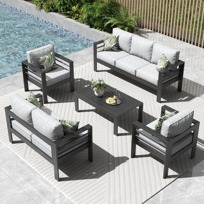 5 Pieces Modern Aluminum Patio Furniture Set, Outdoor Conversation Sets Metal Sectional Sofa with Coffee Table