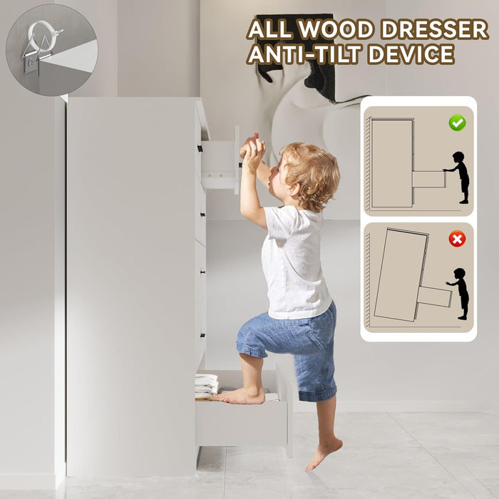 Dresser with Power Outlets Wooden 6 Drawer Dresser with Large Organizer White Tall Storage Organizer with Smooth Metal Rail Modern Chest of Drawers Closet for Bedroom Hallway