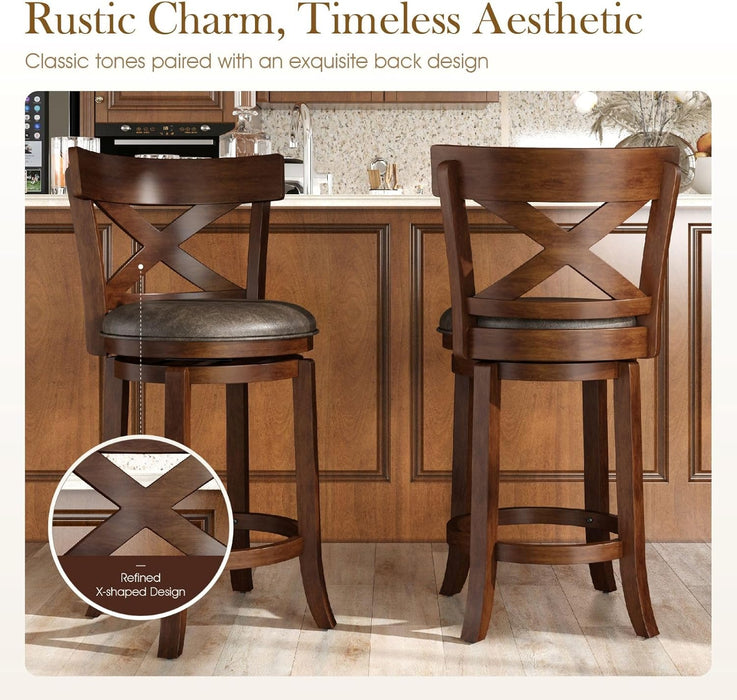 26 Inch Swivel Bar Stools Set of 2, Counter Height Stools | Rustic Wooden Barstools with Back & Solid Wood Legs, Faux Leather Bar Chairs for Kitchen Island, Dark Cherry