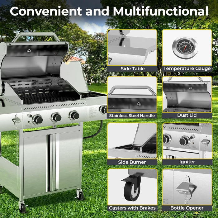 3-Burner Propane Gas Grill with Sider Burner, Stainless Steel Propane Grill 34,000BTU, Multifunction & Protable Outdoor Barbecue Grill with Casters for Camping & Parties
