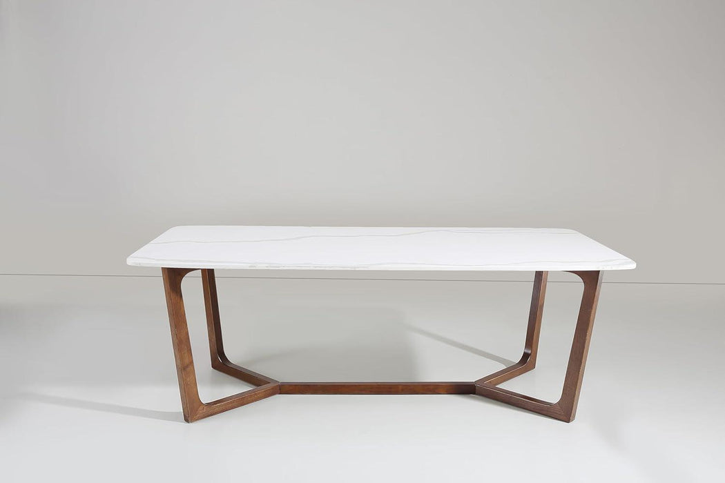 Adelaide 86" Calcatta Quartz Rectangular Stone Dining Table | Maintenance Free White Premium Quartz | Mid Century Modern Solid Wood Base | Dining Room Furniture |