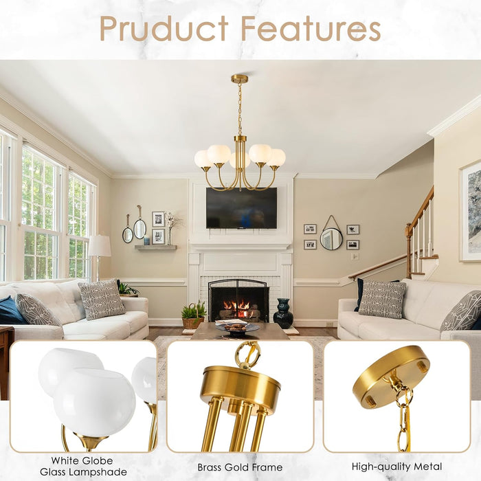 Goldtone Finish Five Lighting Milk Glass Chandelier