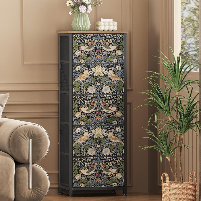 Dresser with 5 Fabric Drawers Strawberry Thief Drawer Dresser for Bedroom Vintage Nightstand Dressers & Chests of Drawer for Halfway Entryway Living Room Sturdy Steel Frame Wood Top, Brown