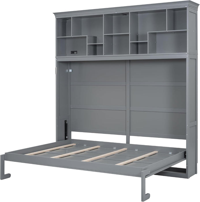 Gray Queen Murphy Bed With USB Charging And Storage