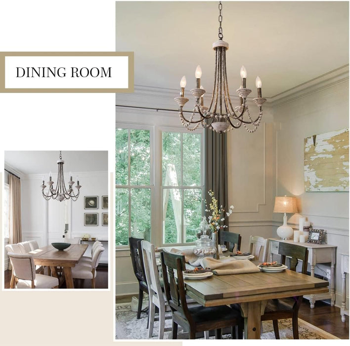 French Country Chandelier 20 Inch Whitewashed Wood
