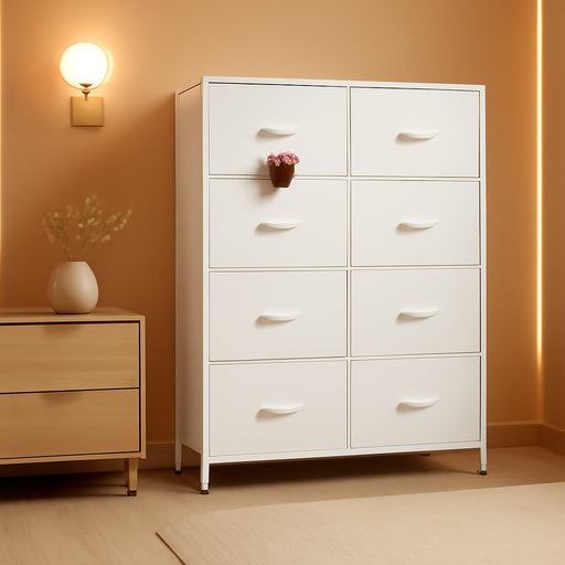 Fabric Dresser for Bedroom, Tall Dresser with 8 Drawers, Storage Tower with Fabric Bins, Double Dresser, Chest of Drawers for Closet, Playroom, Dormitory, White