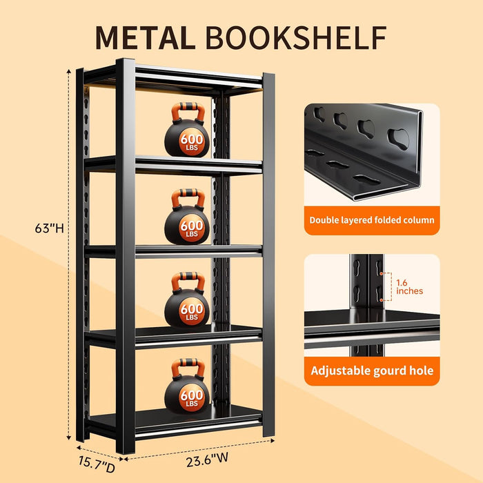 5-Tier Metal Bookshelf,Heavy Duty Bookcase with Adjustable Shelves for Office,Library,Living Room,Black