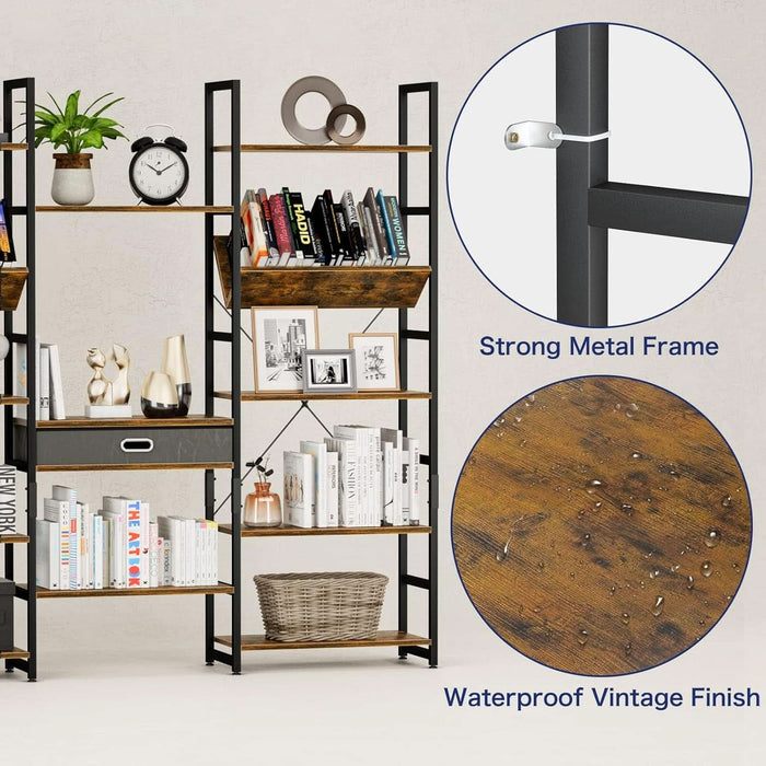 Triple Wide 5 Tier Bookshelf, Adjustable Rustic Industrial Style Book Shelves, Modern Bookcases and Bookshelves Furniture for Bedroom, Living Room and Home Office, Vintage Brown