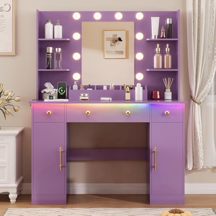Vanity Desk with Mirror and Lights, Makeup Vanity with Mirror and LED Lights & Power Outlet, 3 Drawers and Cabinets, 3 Lighting Modes Dressing Table Set for Girls Women Bedroom,Purple