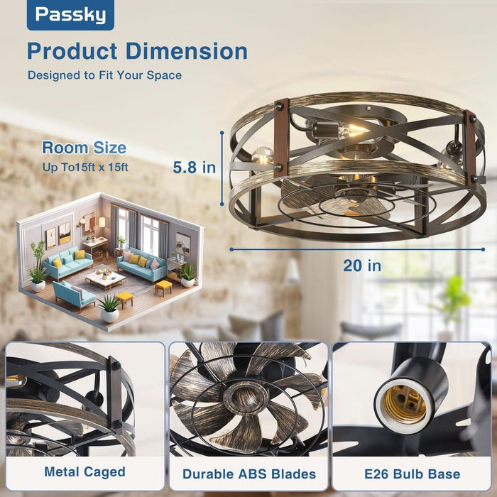 20" Farmhouse Flush Mount Ceiling Fans with Lights and Remote, Industrial Black Caged Low Profile Fandelier, 6 Speeds Bladeless Ceiling Fan for Bedroom, Kitchen, Living Room