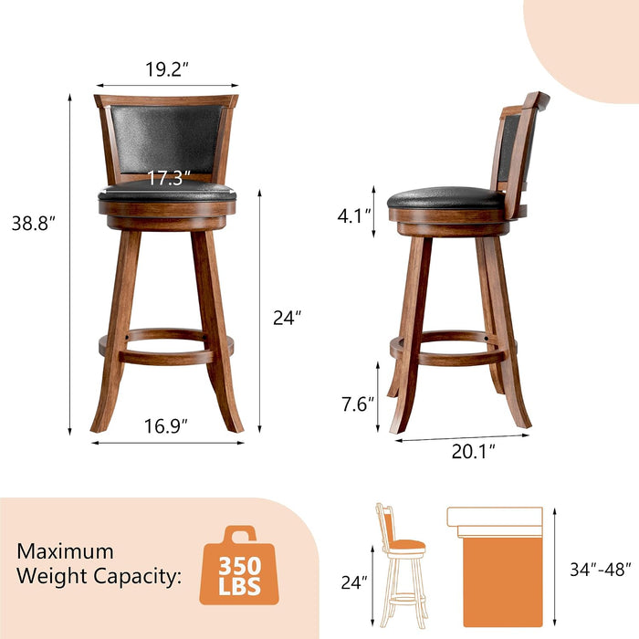 Swivel Bar Stools Set of 2, 24" Counter Height Swivel Barstools with Back & Faux Leather Upholstered Seat, Island Chairs with Solid Wood Legs & Footrest for Kitchen, Dining Room, Pub, Brown
