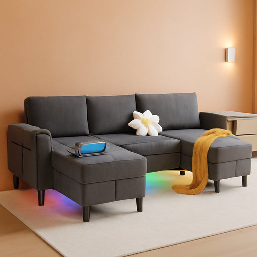 Sectional Couches for Living Room, 4 Seat Linen Sectional Sofa with Reversible Chaise Lounge/Storage Ottoman, U Shaped Couch with Smart Module-Wireless Charging/Usb/Type-C/Rgb Light (Light Grey)