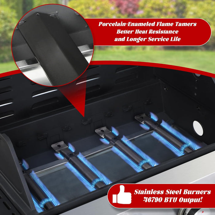 4-Burner Propane Gas Grill with Side Burner, 46,000 BTU Outdoor BBQ Grill with Porcelain-Enameled Cast Iron Grates and Griddle Pan, Built-In Thermometer Stainless Steel Grill for Outdoor Cooking