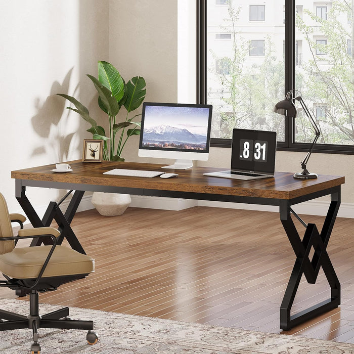 63" Large Industrial Executive Desk with Extra Thickened Tabletop & Metal Frame, Heavy-Duty 300 Lb Capacity Home Office Desk for Study Room, Dorm, Bedroom – Vintage Brown & Black