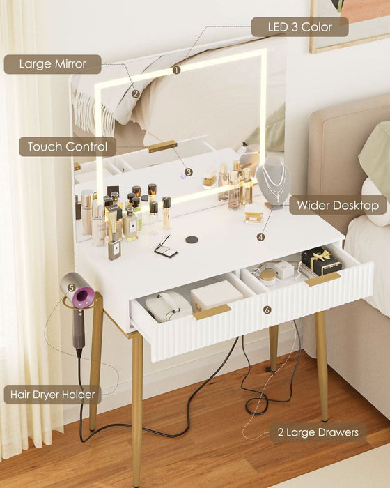Makeup Vanity Desk with Lights and Mirror, Small Makeup Vanity Table with 2 Drawers, Dressing Table with 3 Adjustable Lighting Color, Small Makeup Desk for Bedroom, White with Gold Leg