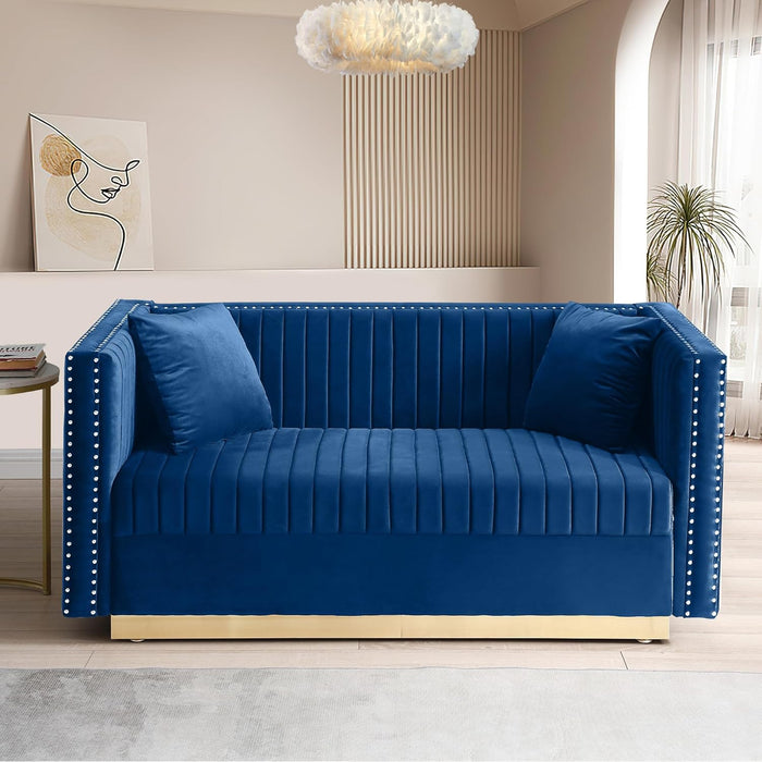 Luxury Velvet Sofa Set for Living Room, Modern Decor Furniture Channel Sofa Couch and Loveseat with Nailhead Gold Metal Legs and 4 Pillows for Bedroom, Hall, Blue