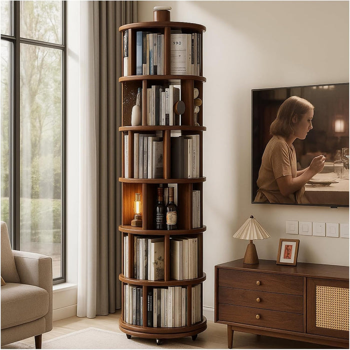 Real Solid Wood Walnut Rotating round Bookshelf Towers with Wheels,Bookcase