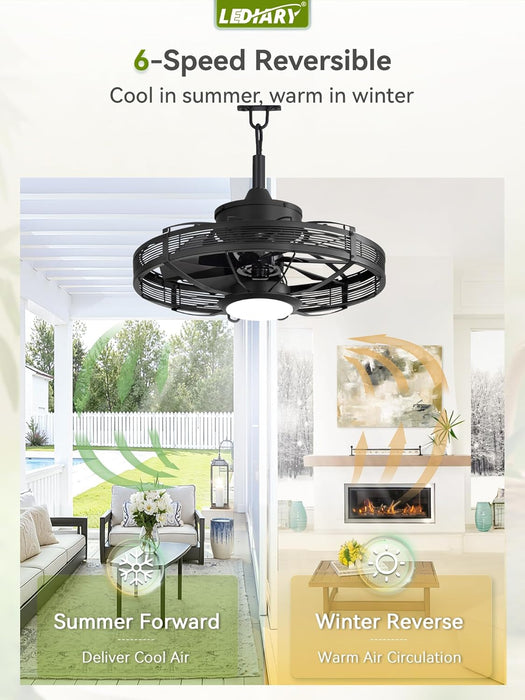 20" Outdoor Ceiling Fan with Lights, IP65 Waterproof Gazebo Fan, Plug-In Outdoor Hanging Fan Remote&App Control, 6 Speeds, 3CCT Dimmable, Caged Ceiling Fan for Gazebo, Patios, Porch,Pergola